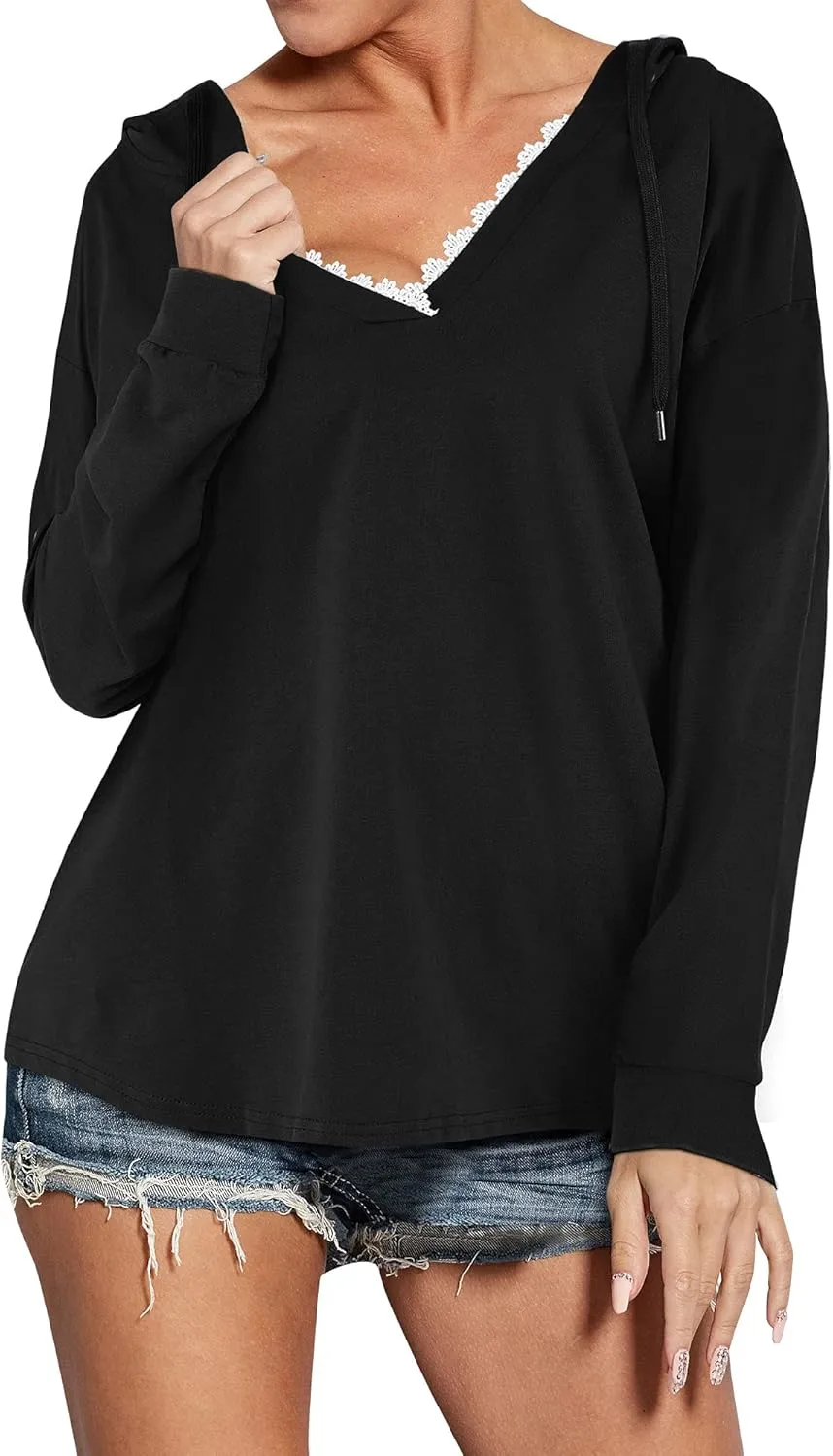 Ezcosplay Women Casual V Neck Hoodies Oversized Sweatshirt Long Sleeve Pullover Tops