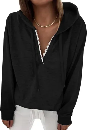 Ezcosplay Women Casual V Neck Hoodies Oversized Sweatshirt Long Sleeve Pullover Tops
