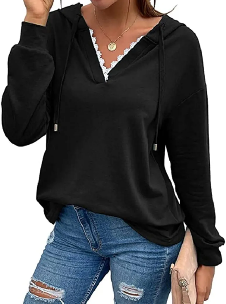 Ezcosplay Women Casual V Neck Hoodies Oversized Sweatshirt Long Sleeve Pullover Tops