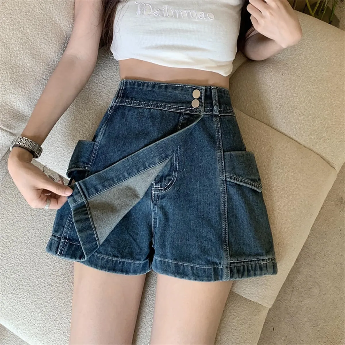 Fashion Womens Denim Mini Skirt Y2K Casual High Waist A-line Patchwork Jean Skorts