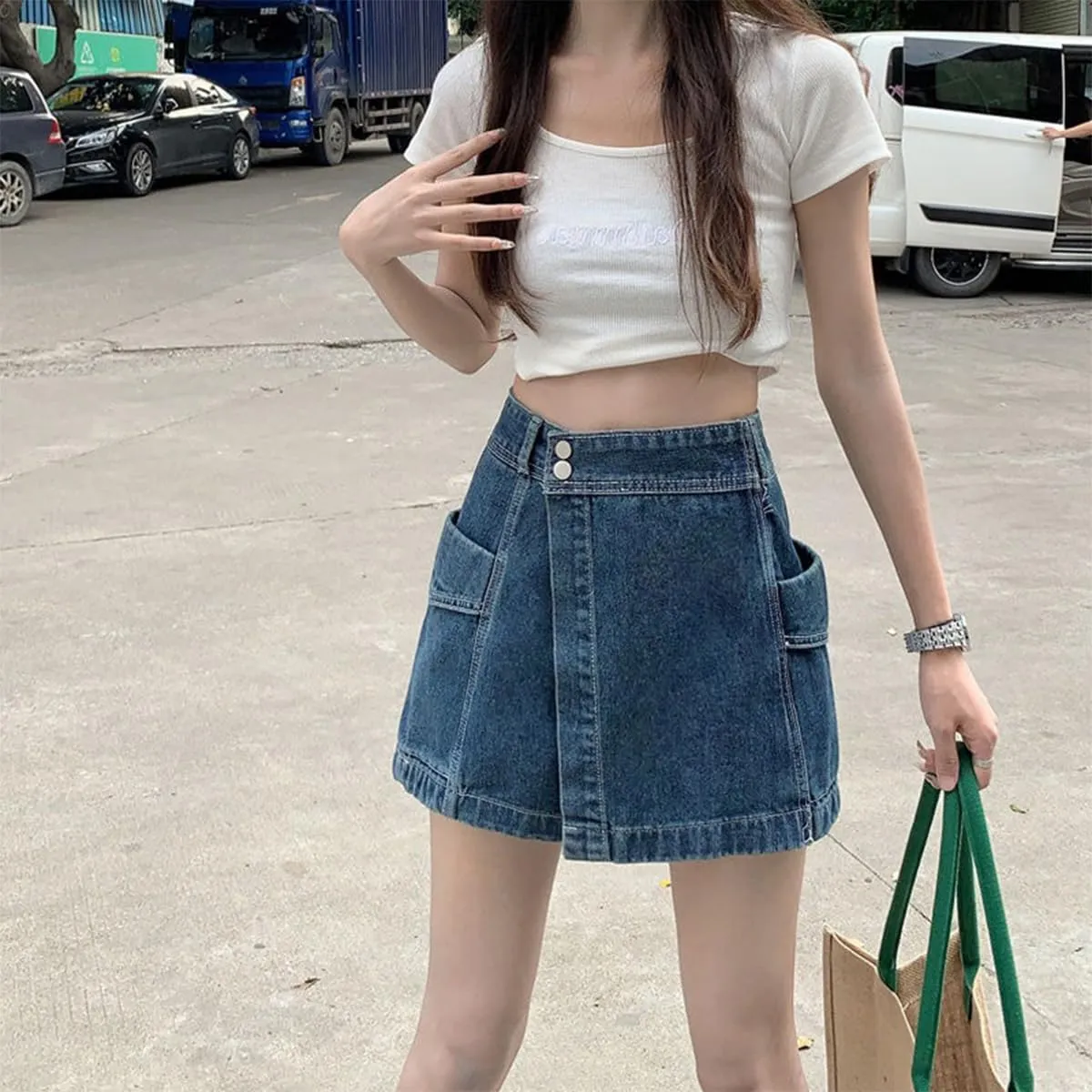 Fashion Womens Denim Mini Skirt Y2K Casual High Waist A-line Patchwork Jean Skorts