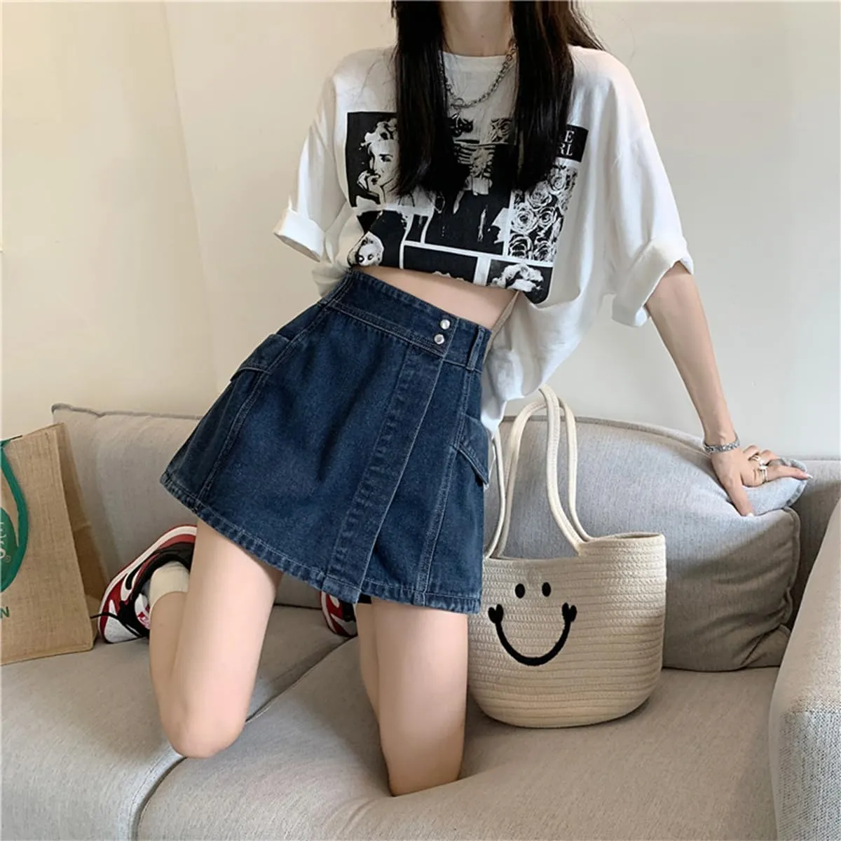 Fashion Womens Denim Mini Skirt Y2K Casual High Waist A-line Patchwork Jean Skorts