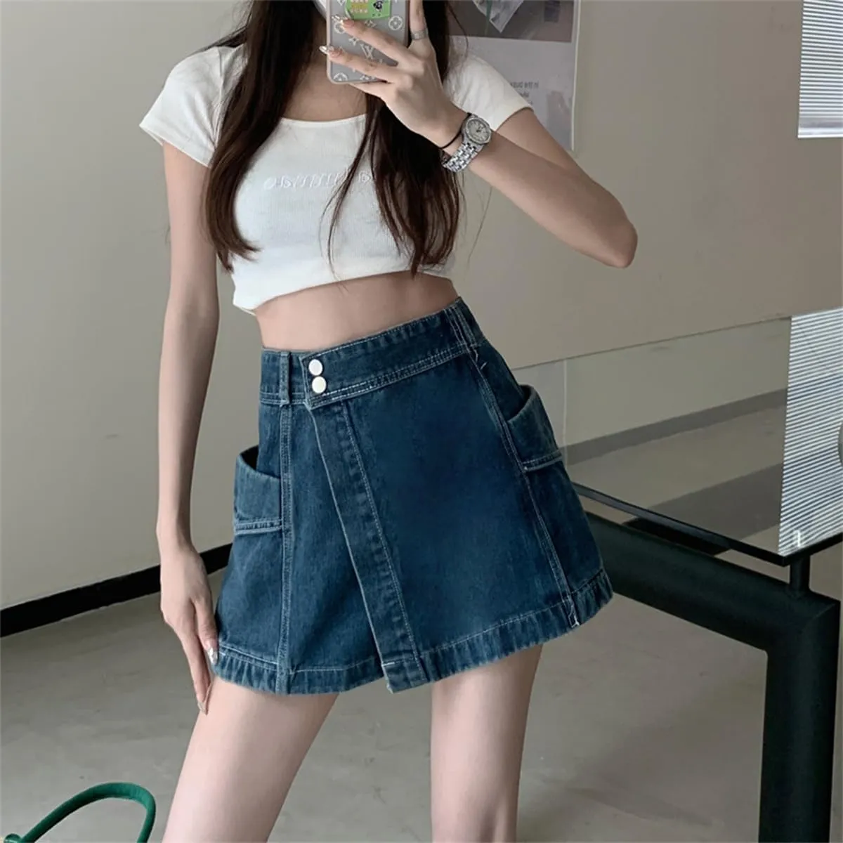 Fashion Womens Denim Mini Skirt Y2K Casual High Waist A-line Patchwork Jean Skorts