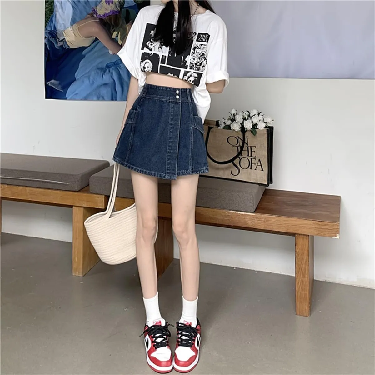 Fashion Womens Denim Mini Skirt Y2K Casual High Waist A-line Patchwork Jean Skorts