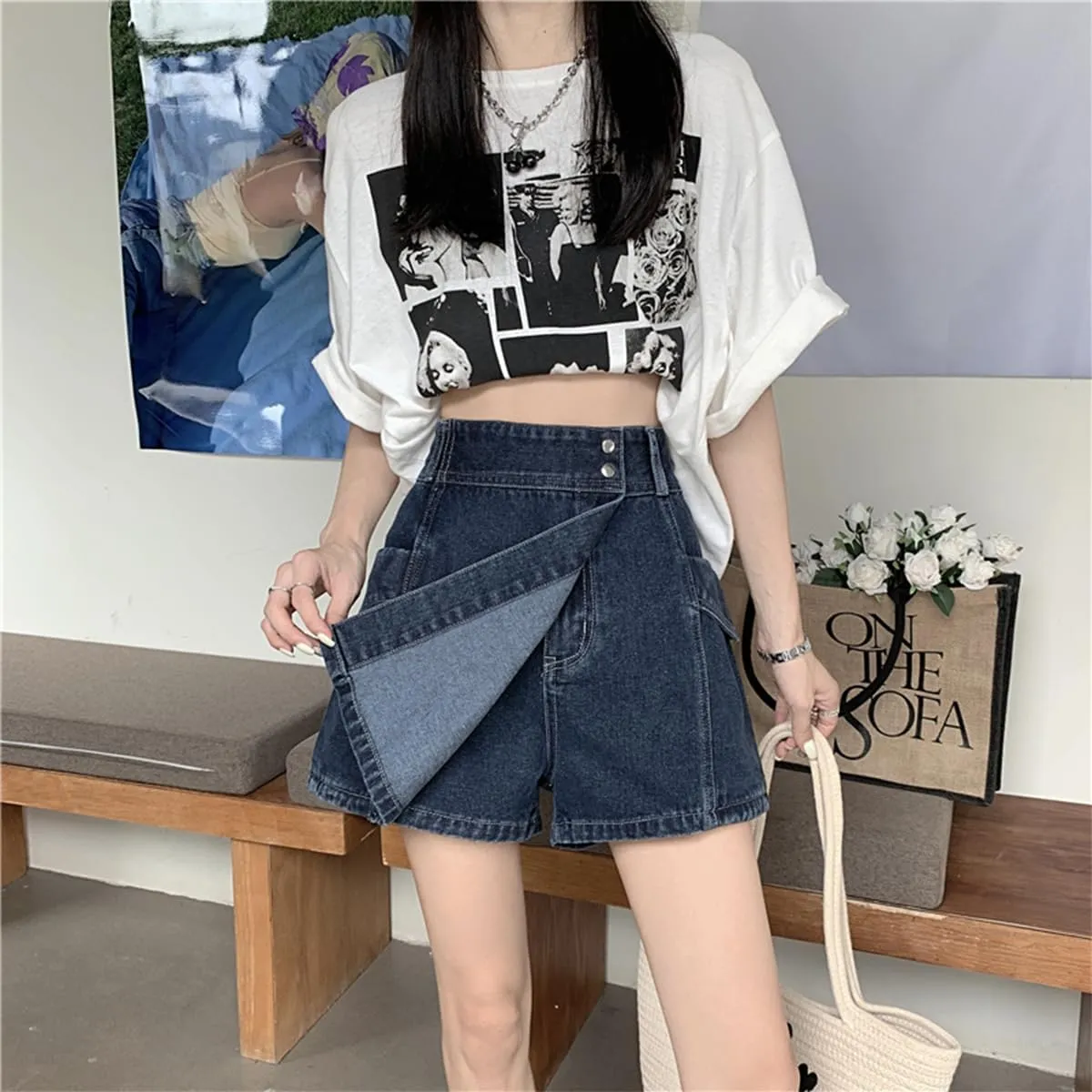 Fashion Womens Denim Mini Skirt Y2K Casual High Waist A-line Patchwork Jean Skorts