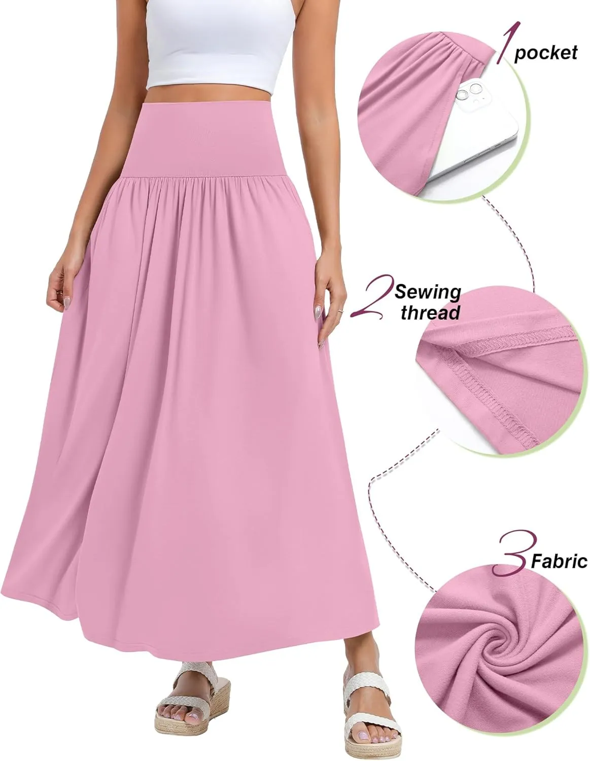 Ficerd 3 Pack Maxi Long Skirts for Women, Ankle Length High Waisted Pleated Flowy A Line Summer Casual Skirts with Pockets
