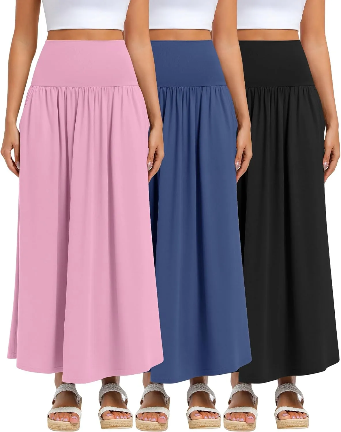 Ficerd 3 Pack Maxi Long Skirts for Women, Ankle Length High Waisted Pleated Flowy A Line Summer Casual Skirts with Pockets