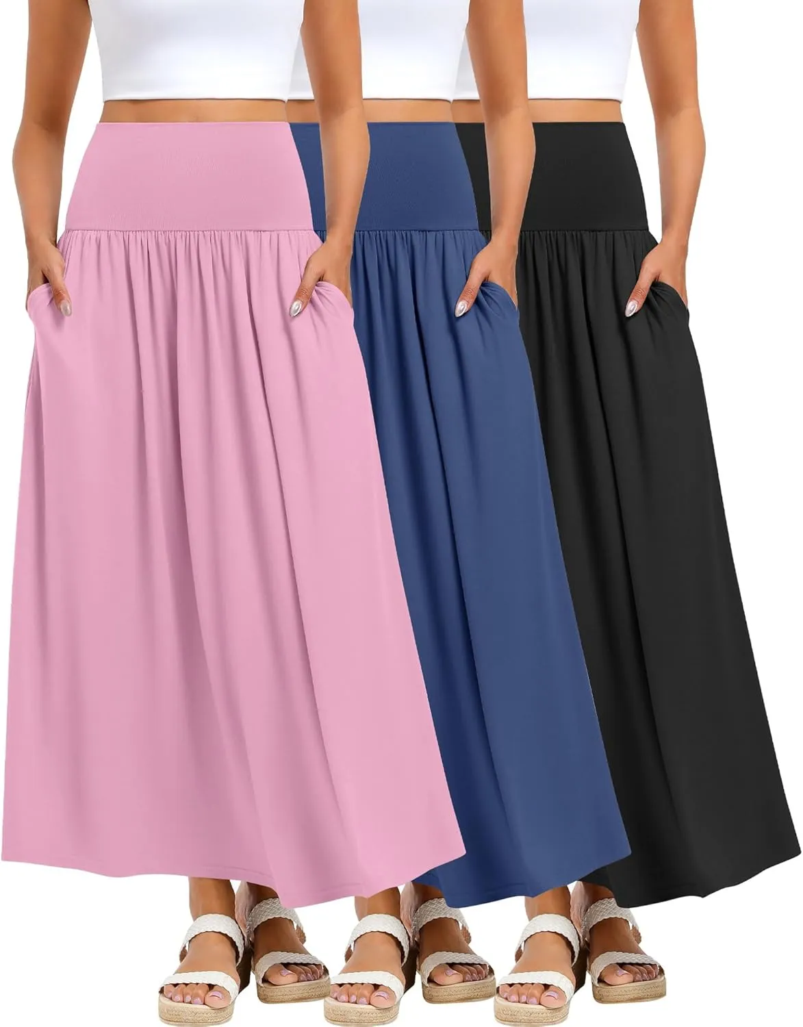 Ficerd 3 Pack Maxi Long Skirts for Women, Ankle Length High Waisted Pleated Flowy A Line Summer Casual Skirts with Pockets