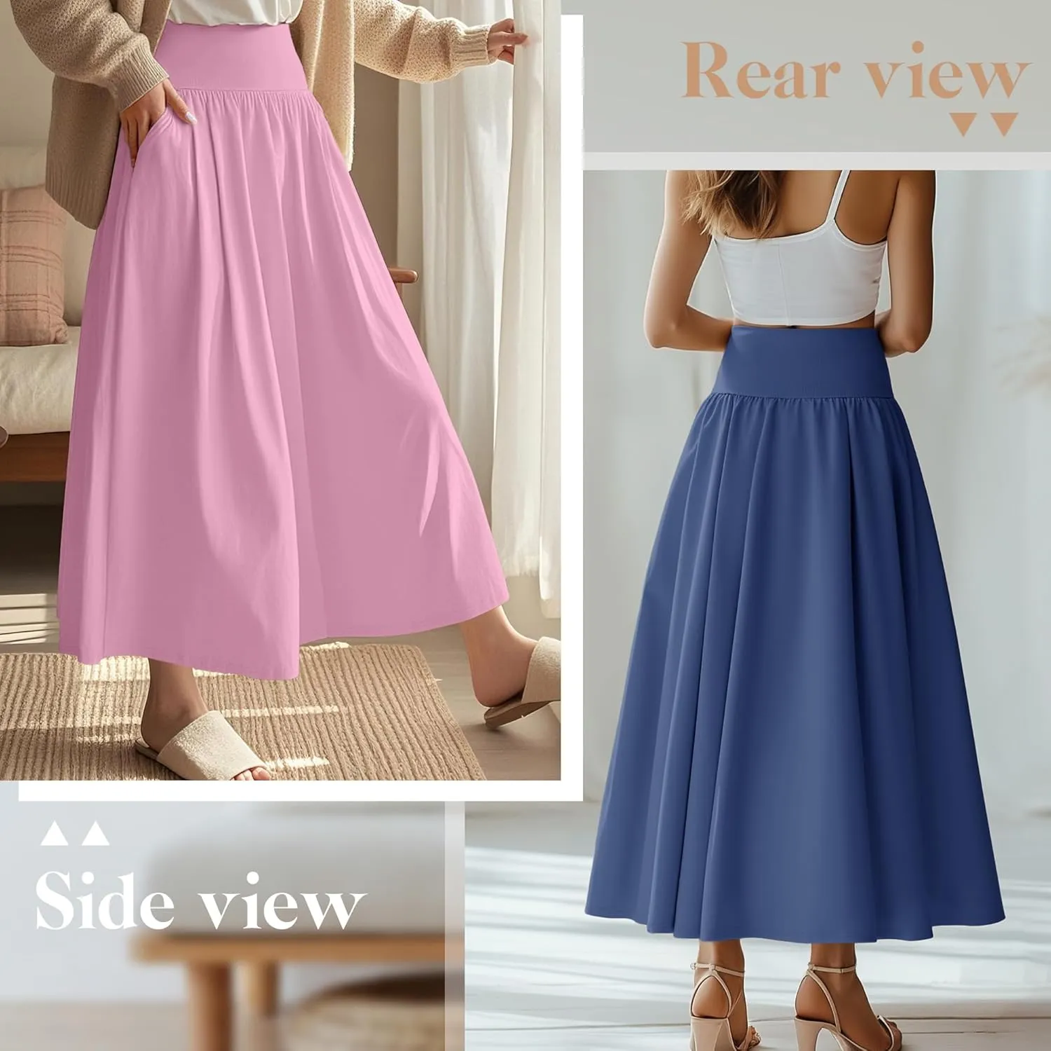 Ficerd 3 Pack Maxi Long Skirts for Women, Ankle Length High Waisted Pleated Flowy A Line Summer Casual Skirts with Pockets