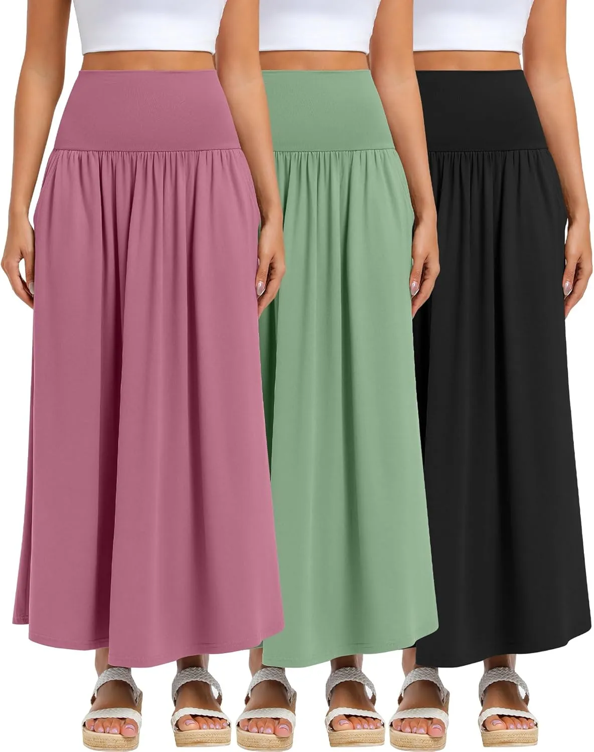 Ficerd 3 Pack Maxi Long Skirts for Women, Ankle Length High Waisted Pleated Flowy A Line Summer Casual Skirts with Pockets