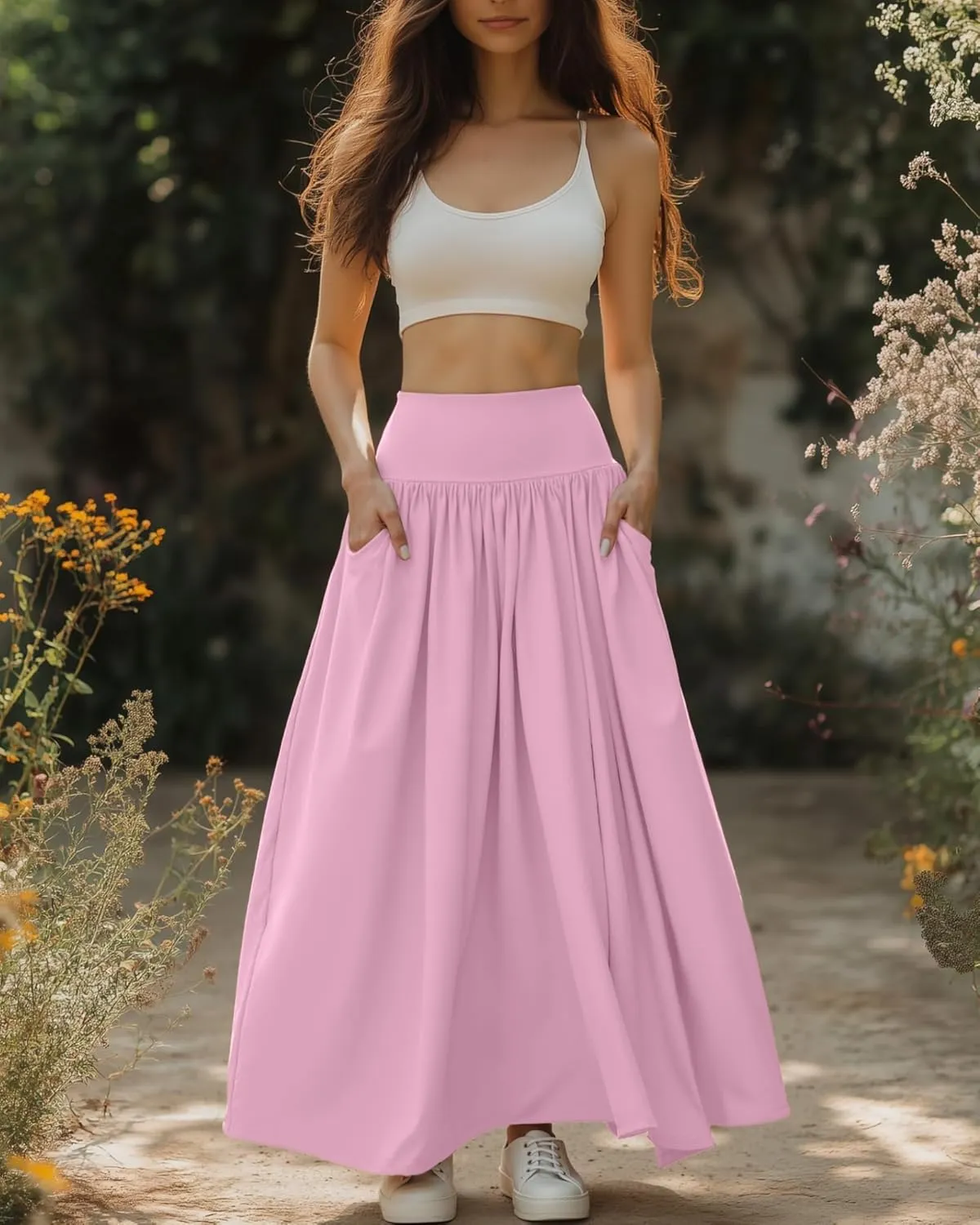 Ficerd 3 Pack Maxi Long Skirts for Women, Ankle Length High Waisted Pleated Flowy A Line Summer Casual Skirts with Pockets