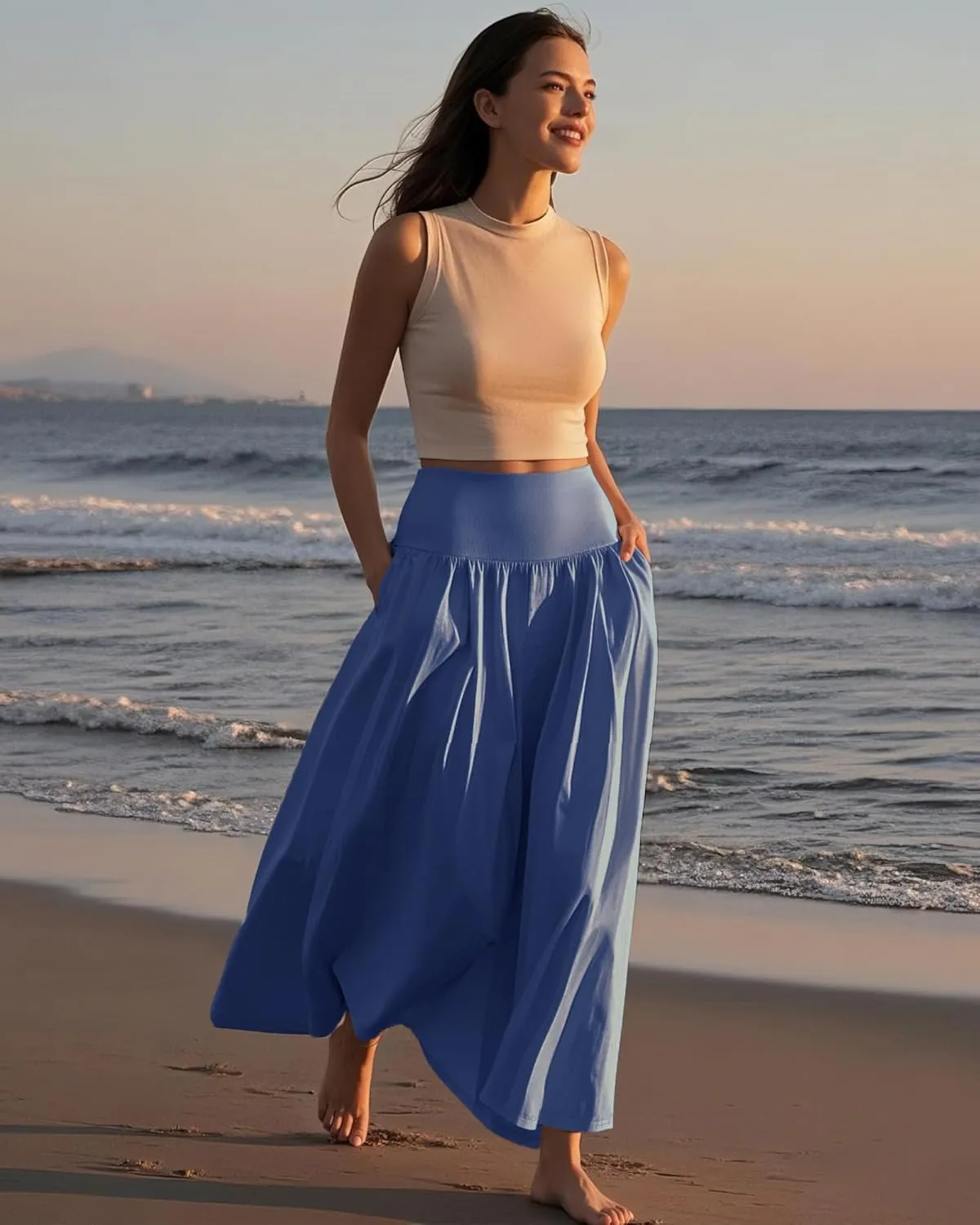 Ficerd 3 Pack Maxi Long Skirts for Women, Ankle Length High Waisted Pleated Flowy A Line Summer Casual Skirts with Pockets