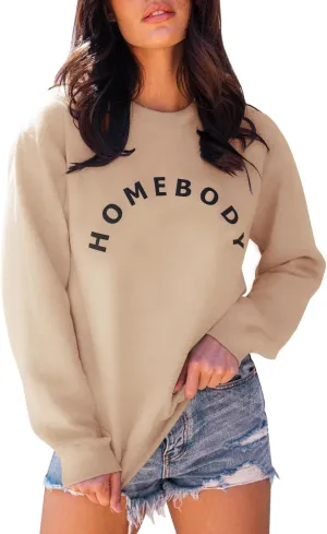 FISACE Womens Graphic Sweatshirt Crew Neck Solid Color Long Sleeve Casual Loose Letter Pullover Tops