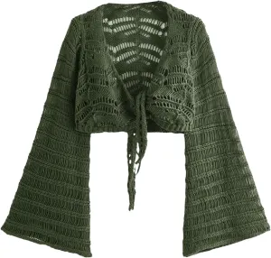 Floerns Women's Deep V Neck Bell Long Sleeve Cardigan Tie Front Hollow Out Crop Cardigans
