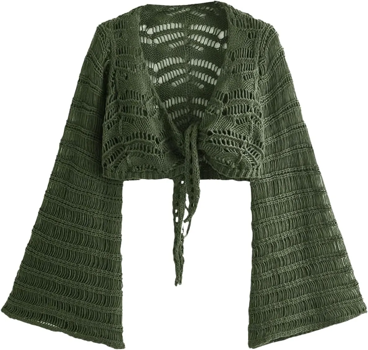 Floerns Women's Deep V Neck Bell Long Sleeve Cardigan Tie Front Hollow Out Crop Cardigans