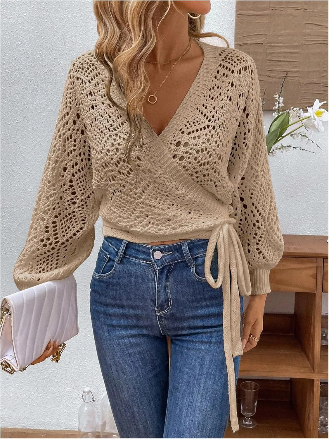 Floerns Women's Hollow Out Lantern Sleeve Cropped Cardigan Wrap V Neck Tie Side Sweater