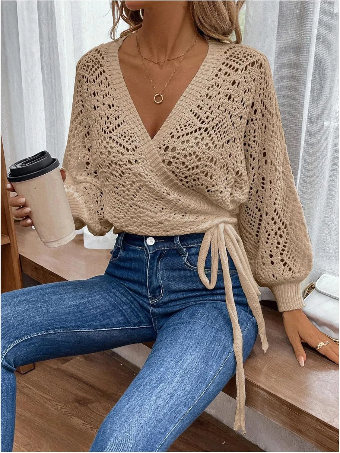 Floerns Women's Hollow Out Lantern Sleeve Cropped Cardigan Wrap V Neck Tie Side Sweater