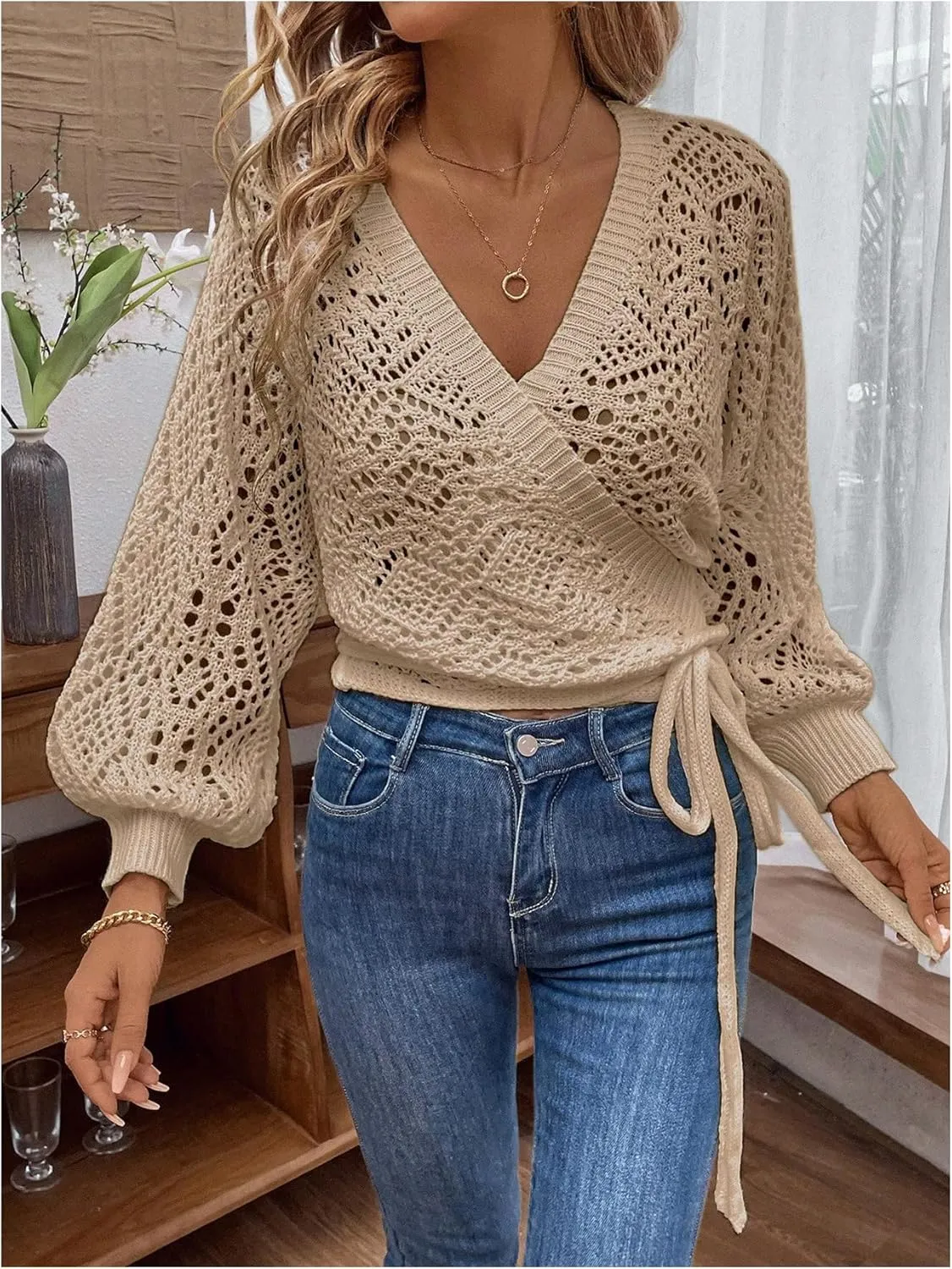 Floerns Women's Hollow Out Lantern Sleeve Cropped Cardigan Wrap V Neck Tie Side Sweater