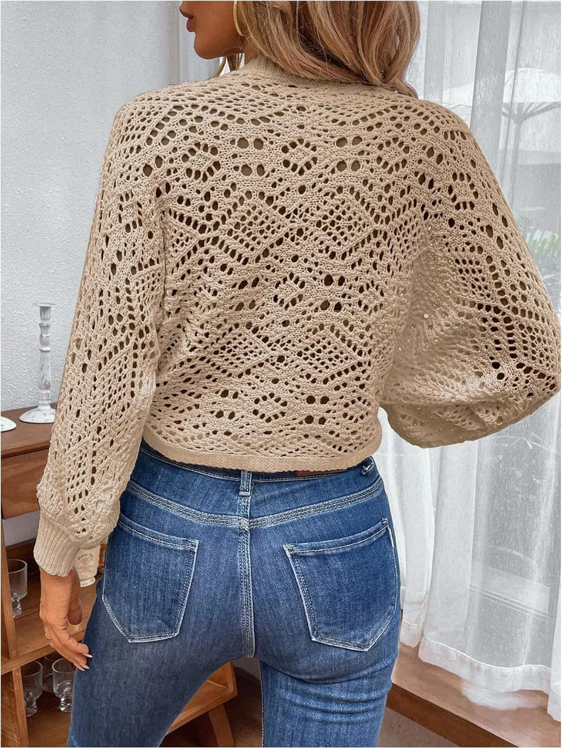 Floerns Women's Hollow Out Lantern Sleeve Cropped Cardigan Wrap V Neck Tie Side Sweater