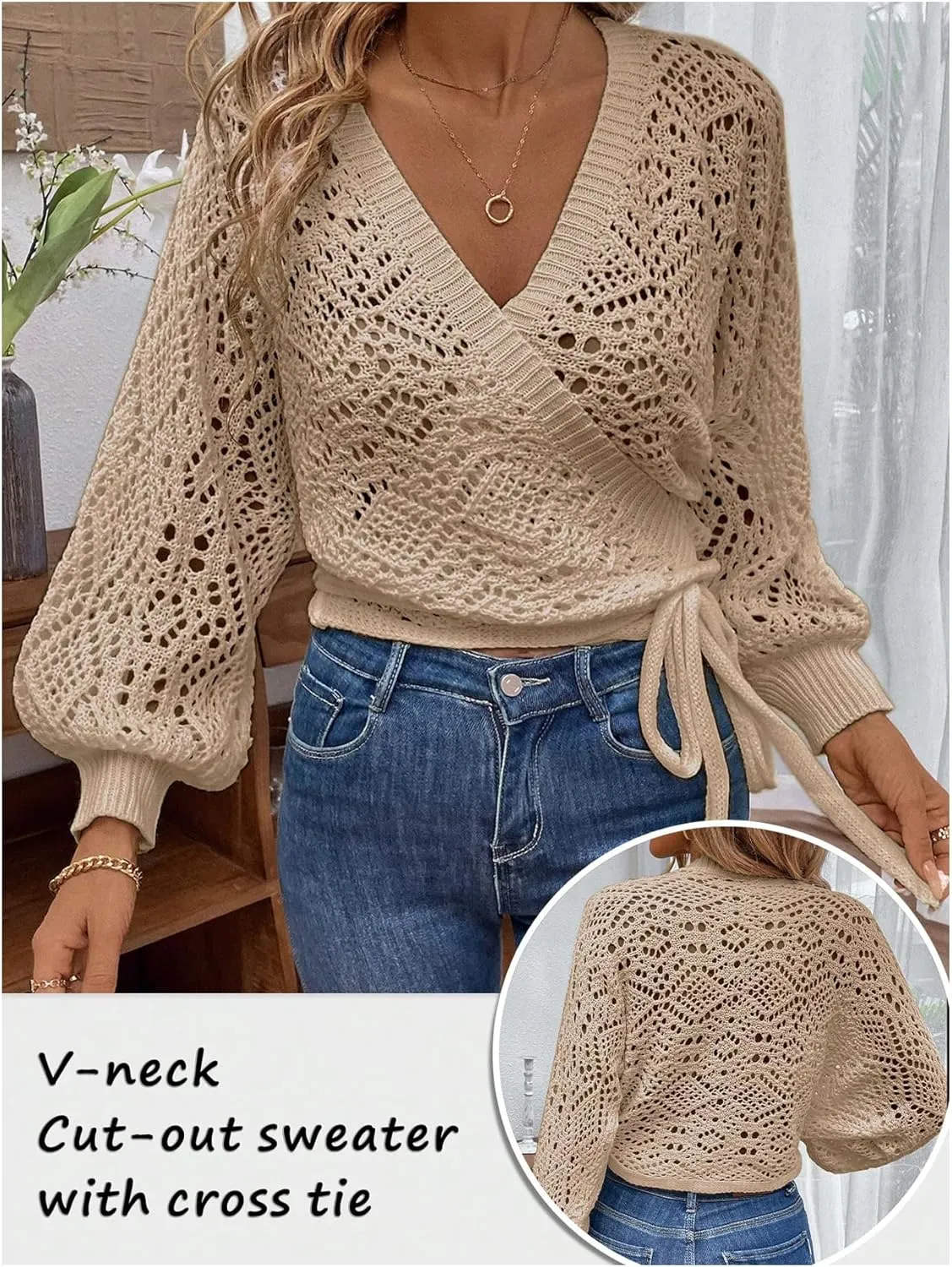 Floerns Women's Hollow Out Lantern Sleeve Cropped Cardigan Wrap V Neck Tie Side Sweater