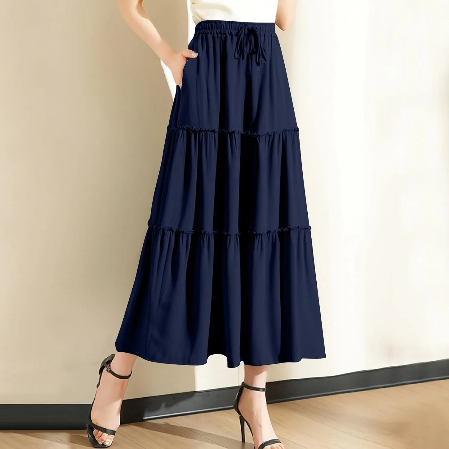 Floral Maxi Skirt for Women Casual Summer Drawsting High Waisted A Line Skirts Flowy Beach Vacation Boho Skirt
