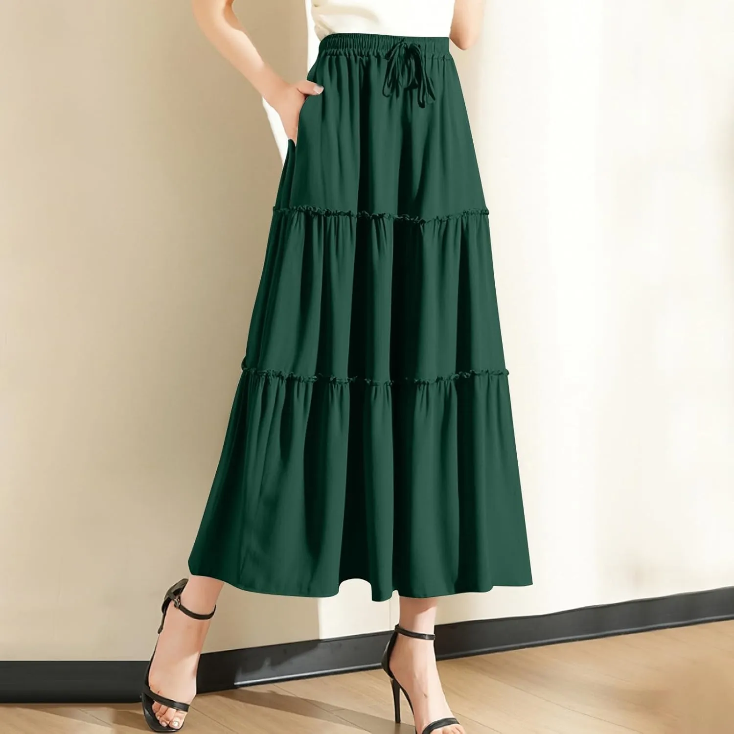 Floral Maxi Skirt for Women Casual Summer Drawsting High Waisted A Line Skirts Flowy Beach Vacation Boho Skirt