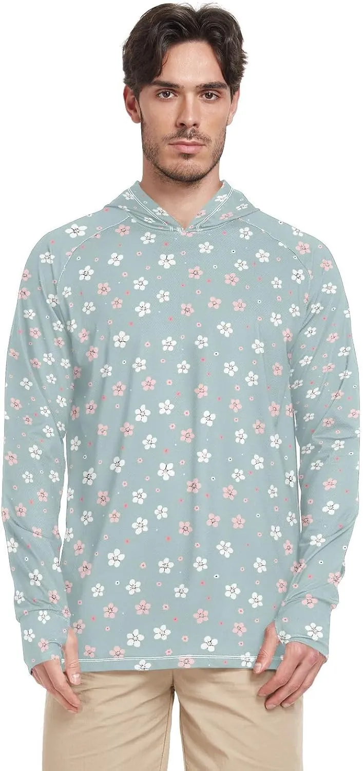 Flowers Spring Little Fresh Mens Sun Shirts Protection Long Sleeve Sun Shirt With Hood UPF 50  Quick Dry UV Rash Guard Hooded Active Wear playeras de manga larga con gorro para hombre