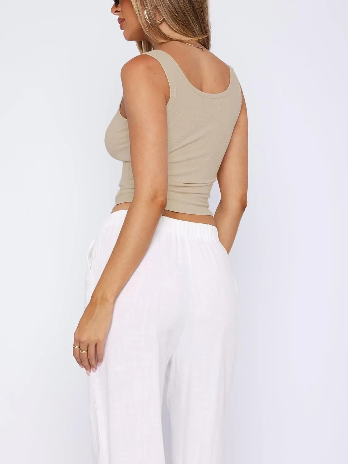 ForeFair Women Ribbed Tank Top Square Neck Sleeveless Basic Fitted Crop Tops Y2K Buttons Henley Vest