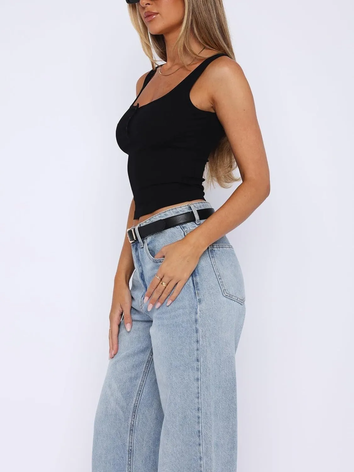 ForeFair Women Ribbed Tank Top Square Neck Sleeveless Basic Fitted Crop Tops Y2K Buttons Henley Vest