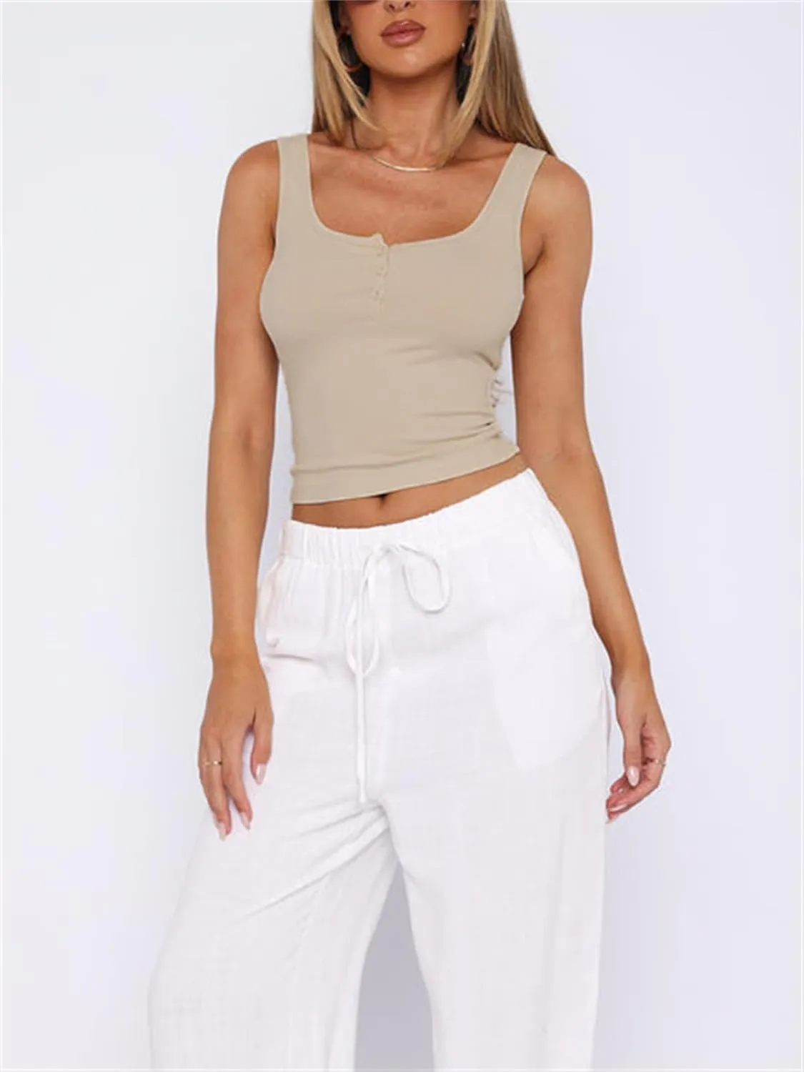 ForeFair Women Ribbed Tank Top Square Neck Sleeveless Basic Fitted Crop Tops Y2K Buttons Henley Vest