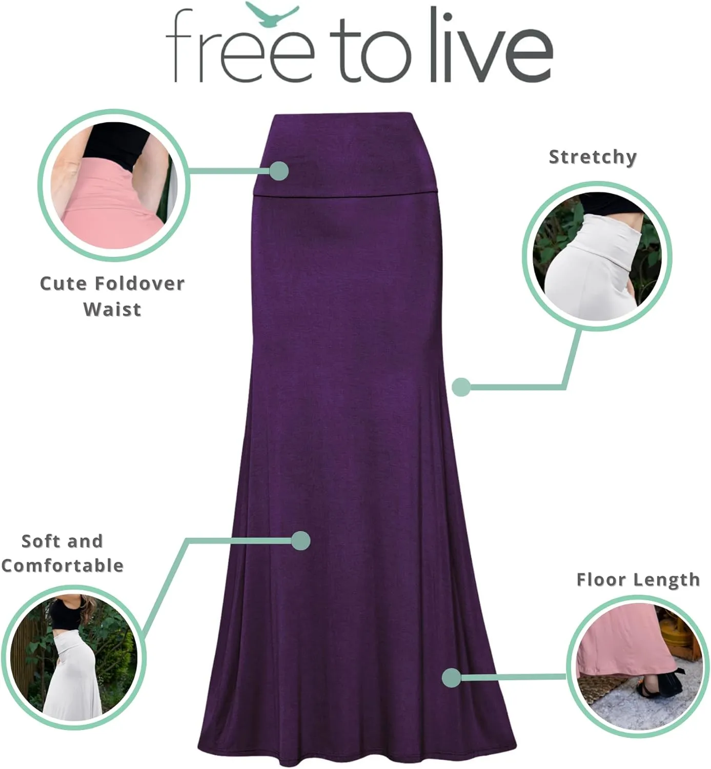 Free to Live 3 Pack Long Skirts for Women Fall Stretchy Flowy Maxi Skirt Dressy Casual for Work, Soft Fold Over High Waisted