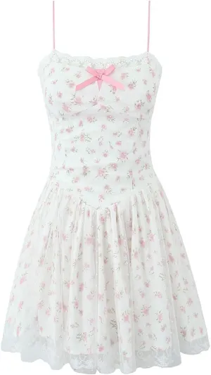 French Vintage Style Garden-Inspired Sweet Floral Mesh Bow Strapless Dress for Women, Summer Lace-Trimmed Spliced Camisole Dress with Elegant Details and Feminine Fit White