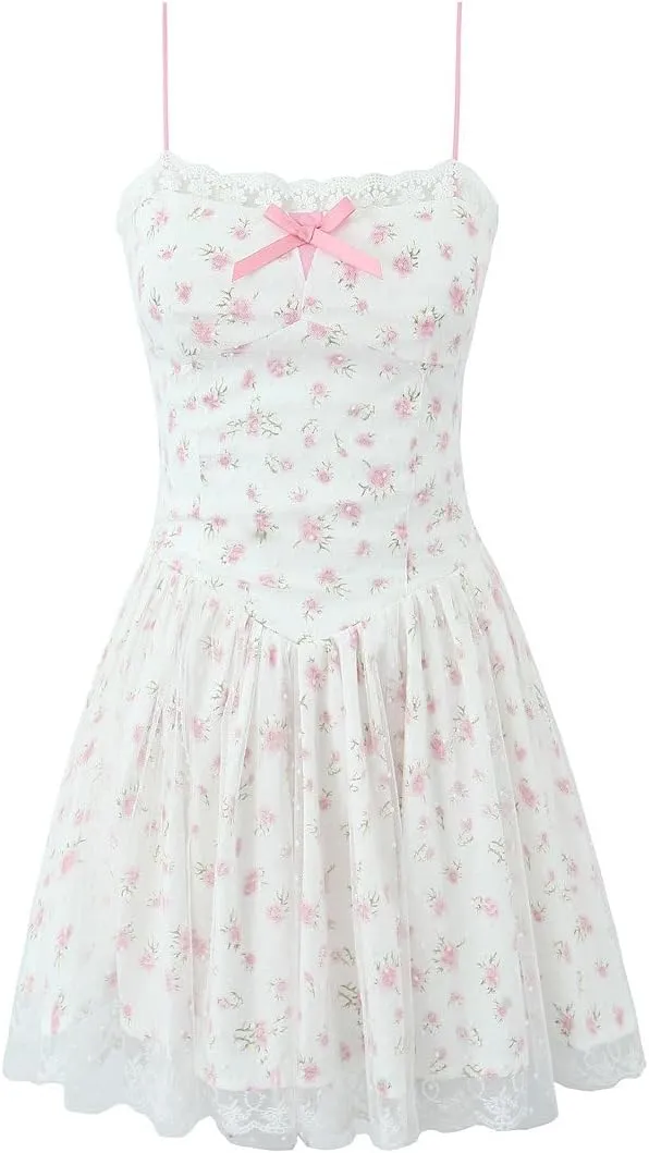 French Vintage Style Garden-Inspired Sweet Floral Mesh Bow Strapless Dress for Women, Summer Lace-Trimmed Spliced Camisole Dress with Elegant Details and Feminine Fit White