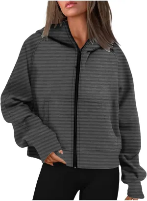 Full Zipper Up Hoodies for Women 2024 Color Block Striped Oversized Sweatshirt Casual Loose Out Fit with Pockets