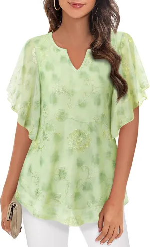 Furnex Women's Short Sleeve Tops Dressy Casual V Neck Double Layers Blouses Floral Mesh Tunics Tops