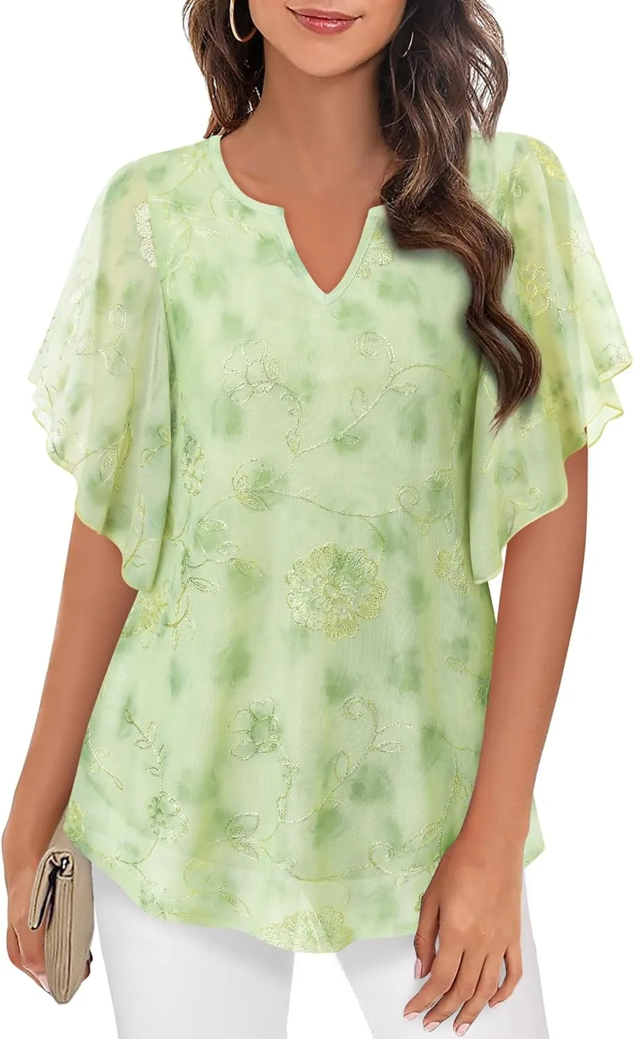 Furnex Women's Short Sleeve Tops Dressy Casual V Neck Double Layers Blouses Floral Mesh Tunics Tops