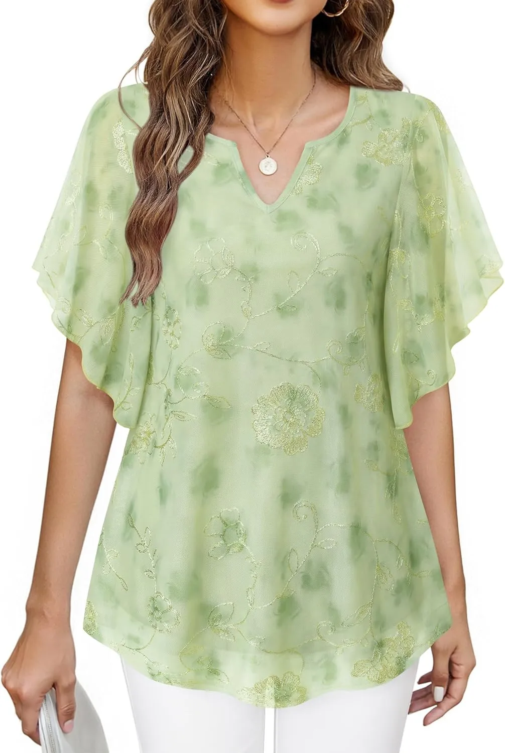 Furnex Women's Short Sleeve Tops Dressy Casual V Neck Double Layers Blouses Floral Mesh Tunics Tops