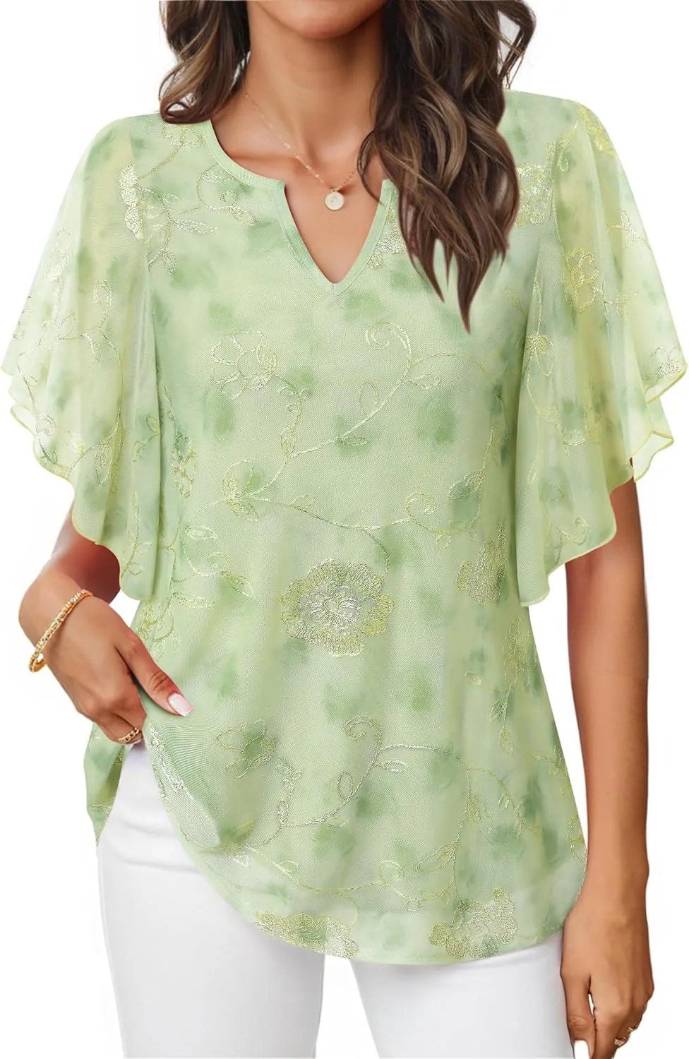 Furnex Women's Short Sleeve Tops Dressy Casual V Neck Double Layers Blouses Floral Mesh Tunics Tops