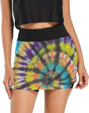 GAIGEO Colorful Retro Psychedelic Tie Dye Swirl Athletic Skorts Skirts for Women with Pockets, Casual Golf Activewear, S-XXL