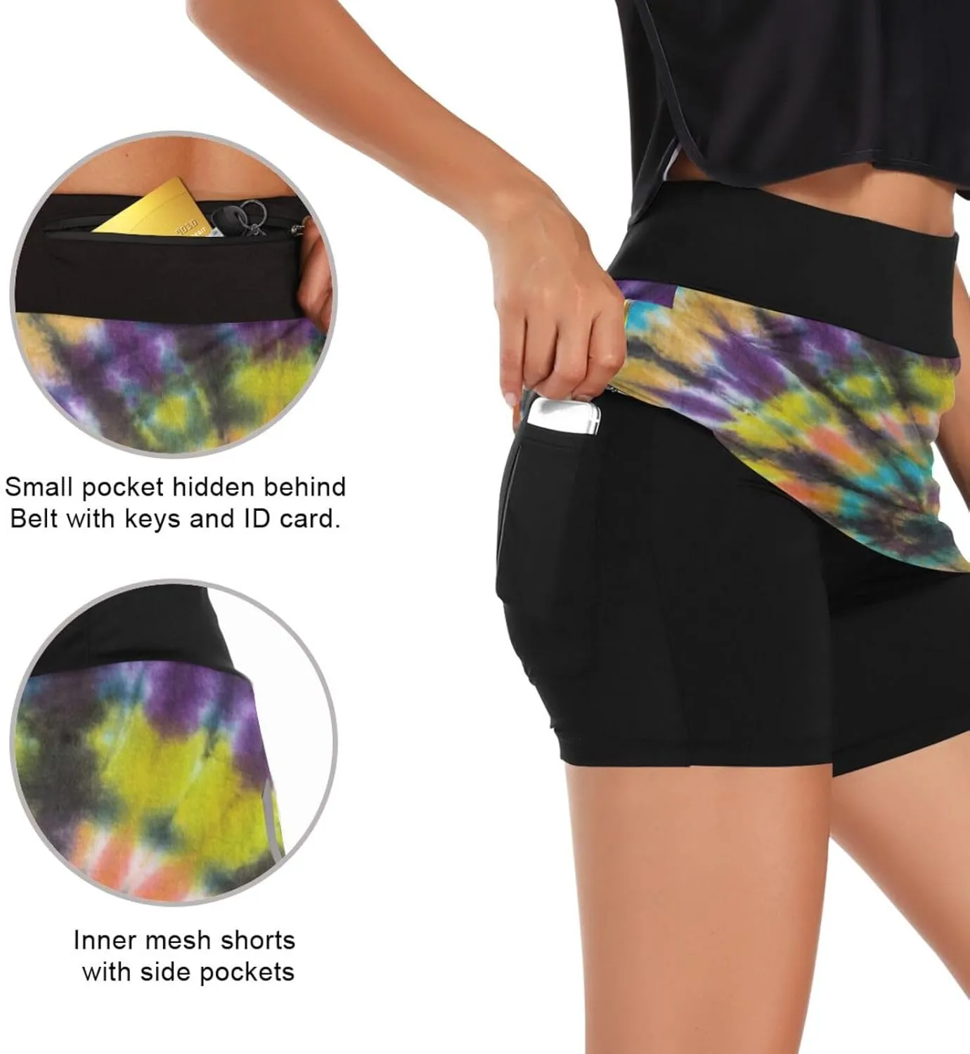 GAIGEO Colorful Retro Psychedelic Tie Dye Swirl Athletic Skorts Skirts for Women with Pockets, Casual Golf Activewear, S-XXL