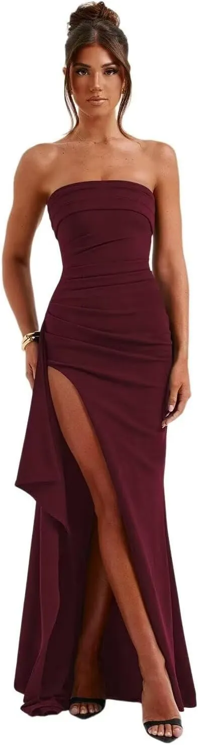 GATMAHE Strapless Chiffon Prom Dresses for Women 2025 Ruched Mermaid Corset Formal Evening Dress with Slit