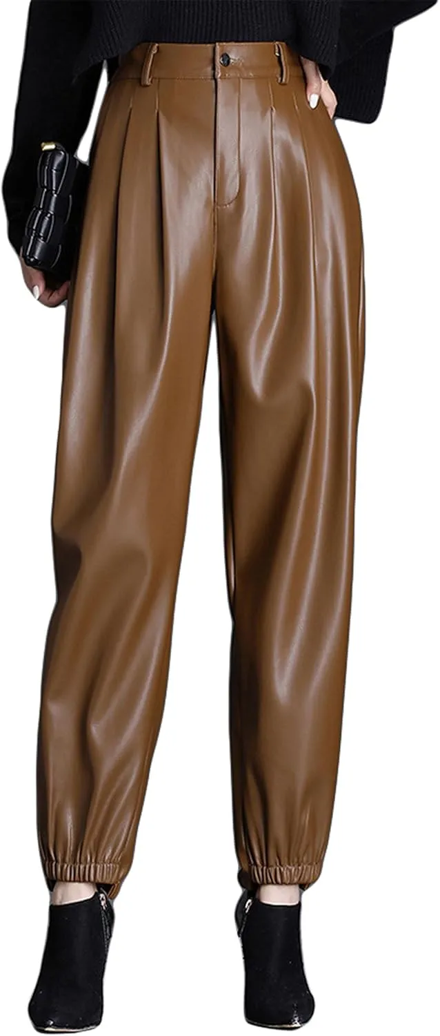 GGUHHU Womens High Waist Faux Leather Harem Pants Fleece Lined Thick Long Trousers