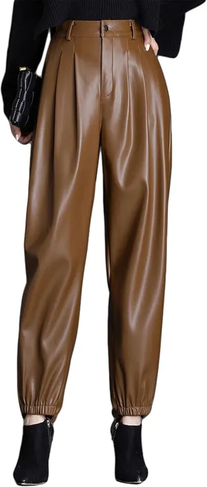 GGUHHU Womens High Waist Faux Leather Harem Pants Fleece Lined Thick Long Trousers