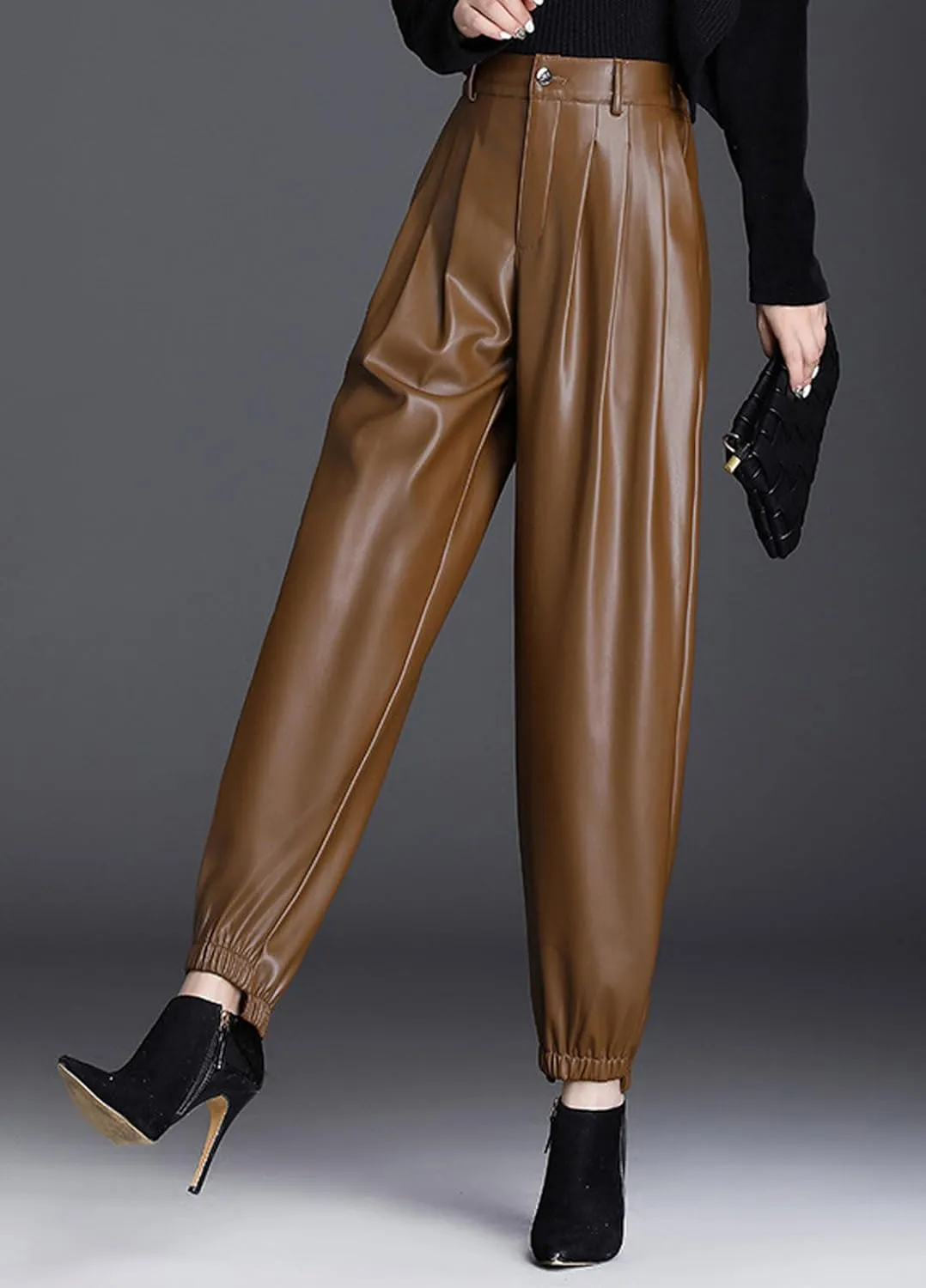 GGUHHU Womens High Waist Faux Leather Harem Pants Fleece Lined Thick Long Trousers