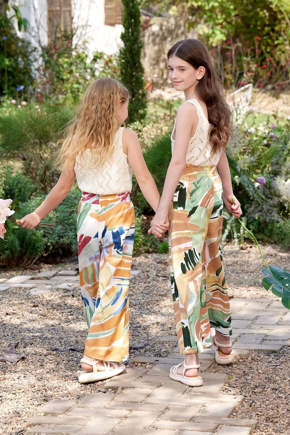 Girls Summer Print Drawstring Wide Leg Pants High Waisted Palazzo Pants Lounge Trousers with Lining Pocket 5-14 Years
