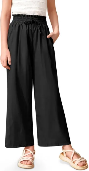 Girls Summer Print Drawstring Wide Leg Pants High Waisted Palazzo Pants Lounge Trousers with Lining Pocket 5-14 Years