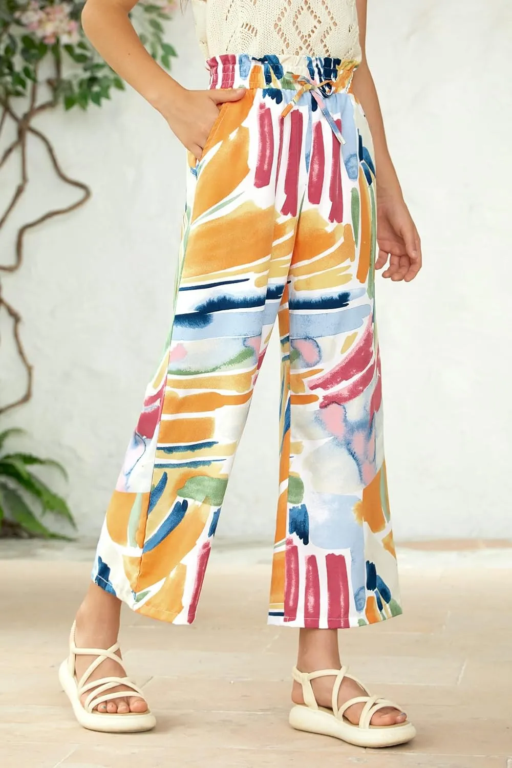 Girls Summer Print Drawstring Wide Leg Pants High Waisted Palazzo Pants Lounge Trousers with Lining Pocket 5-14 Years