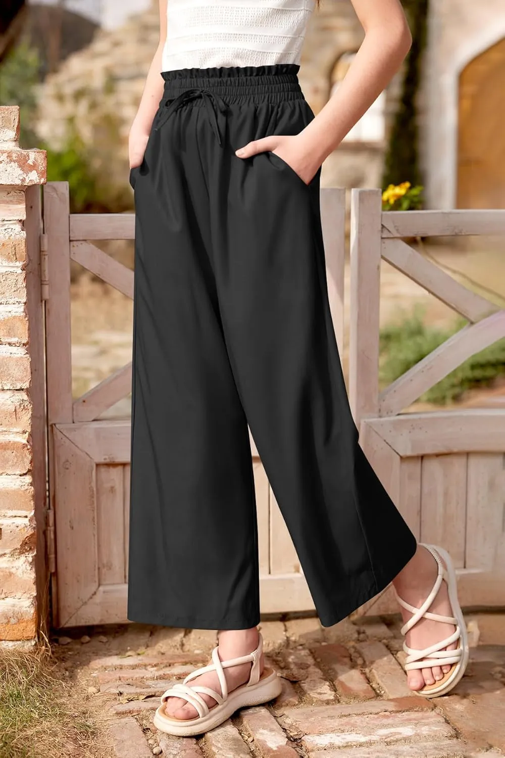 Girls Summer Print Drawstring Wide Leg Pants High Waisted Palazzo Pants Lounge Trousers with Lining Pocket 5-14 Years