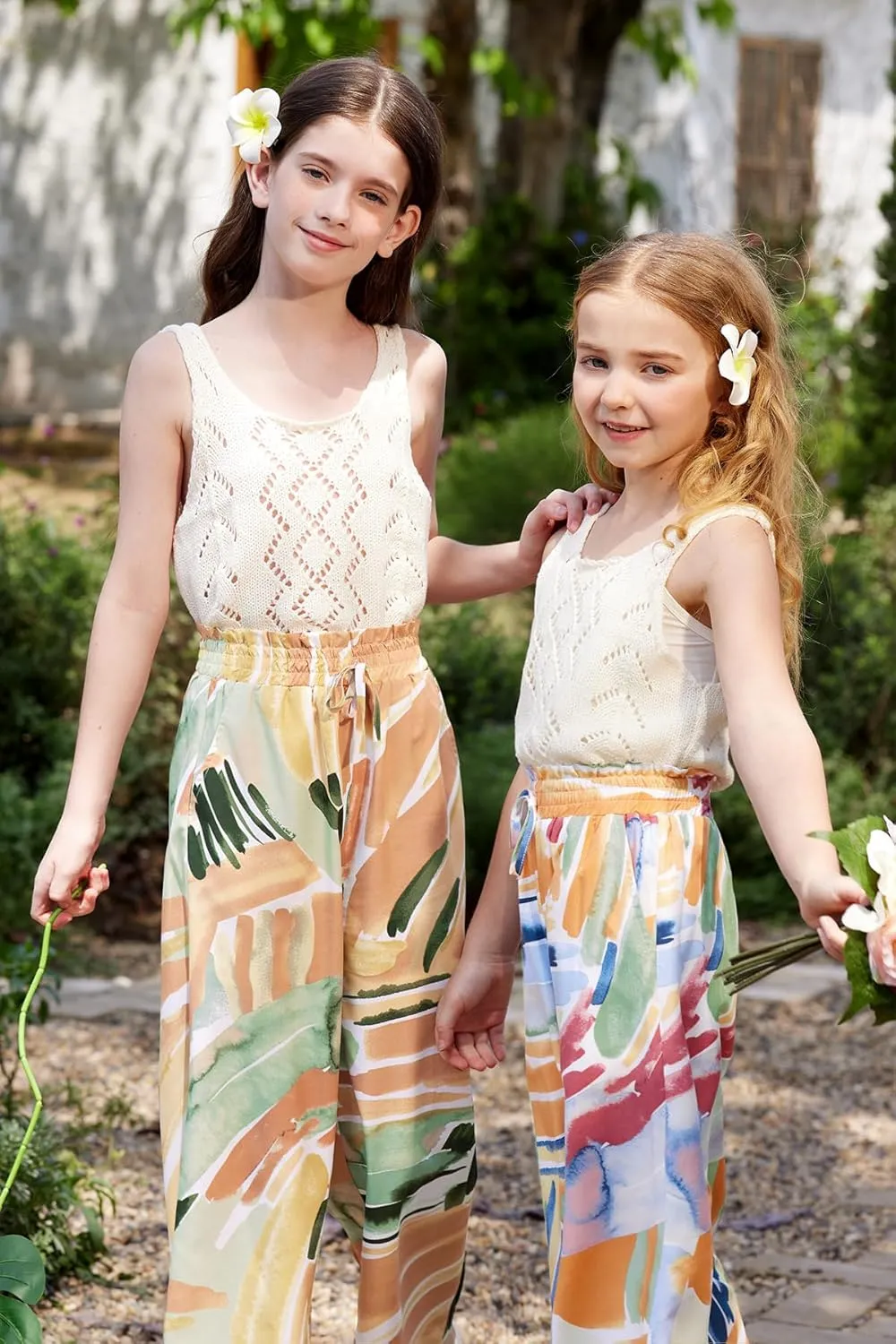 Girls Summer Print Drawstring Wide Leg Pants High Waisted Palazzo Pants Lounge Trousers with Lining Pocket 5-14 Years