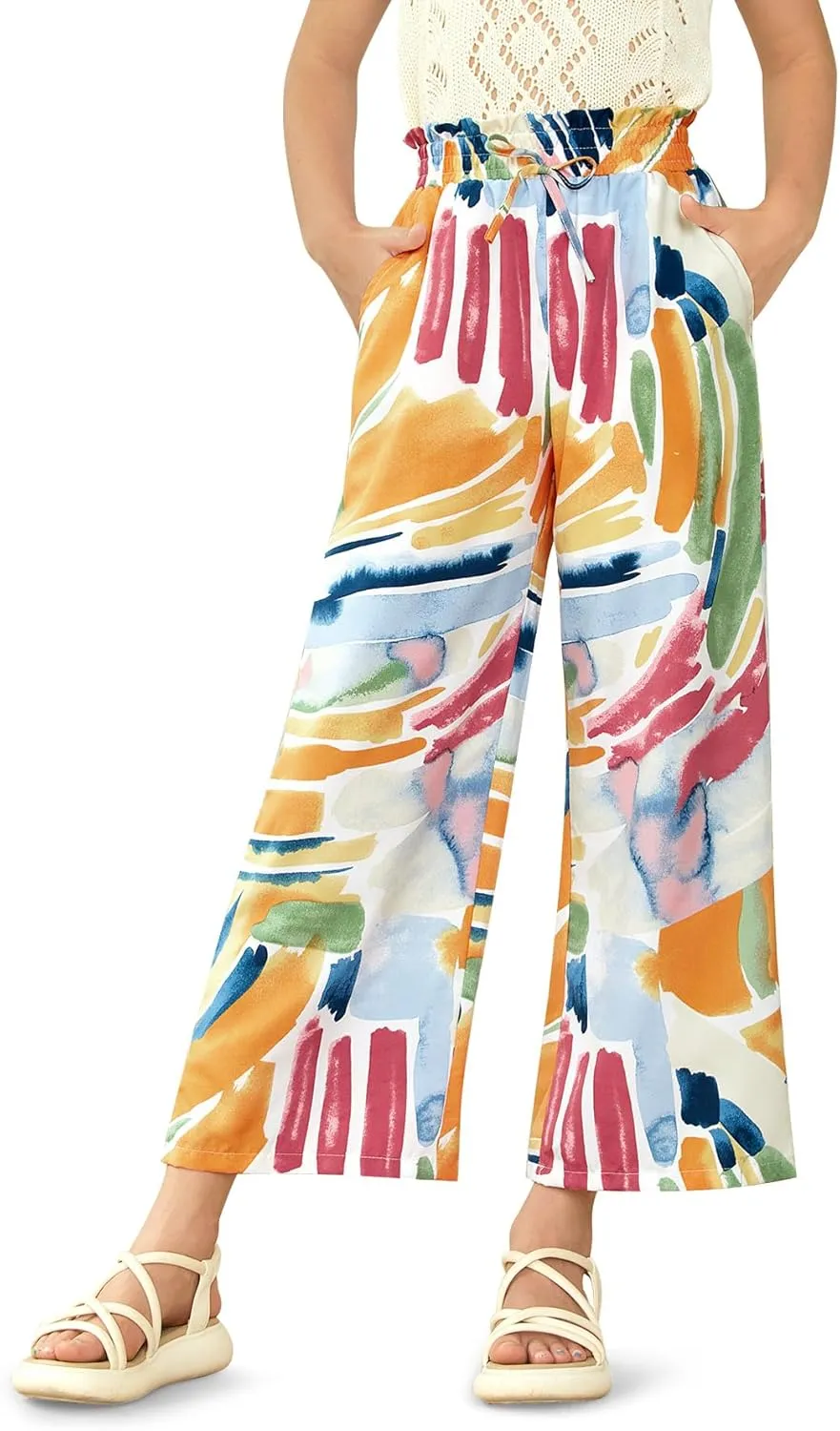 Girls Summer Print Drawstring Wide Leg Pants High Waisted Palazzo Pants Lounge Trousers with Lining Pocket 5-14 Years